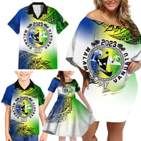 Personalised Malampa Day Family Matching Off Shoulder Short Dress and Hawaiian Shirt Malampa Emblem Gradient Style LT7 - Wonder Print Shop