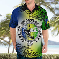 Hawaiian shirt with black collar; 2023 emblem and 'DAY' front graphic in green, blue, white.