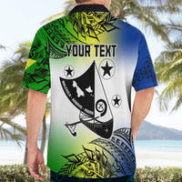 Hawaiian shirt with black collar; 'YOUR TEXT' back design with star icons and sail image.