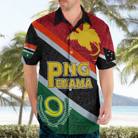 Men's Hawaiian shirt with 'PNG PENAMA', red/black/green diagonal stripes, lion and crest