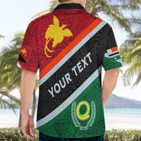 Hawaiian shirt back with lion emblem and 'YOUR TEXT' across red/black/green diagonal stripes