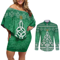 Christmas Ireland Celtic Couples Matching Off Shoulder Short Dress and Long Sleeve Button Shirt Special Xmas Tree - Wonder Print Shop