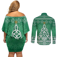Christmas Ireland Celtic Couples Matching Off Shoulder Short Dress and Long Sleeve Button Shirt Special Xmas Tree - Wonder Print Shop