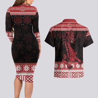 Christmas Wales Celtic Couples Matching Long Sleeve Bodycon Dress and Hawaiian Shirt Welsh Dragon Nadolig Llawen - Wonder Print Shop