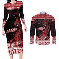 Christmas Wales Celtic Couples Matching Long Sleeve Bodycon Dress and Long Sleeve Button Shirt Welsh Dragon Nadolig Llawen - Wonder Print Shop