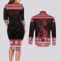 Christmas Wales Celtic Couples Matching Long Sleeve Bodycon Dress and Long Sleeve Button Shirt Welsh Dragon Nadolig Llawen - Wonder Print Shop