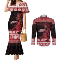 Christmas Wales Celtic Couples Matching Mermaid Dress and Long Sleeve Button Shirt Welsh Dragon Nadolig Llawen - Wonder Print Shop
