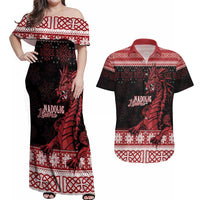 Christmas Wales Celtic Couples Matching Off Shoulder Maxi Dress and Hawaiian Shirt Welsh Dragon Nadolig Llawen - Wonder Print Shop