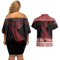 Christmas Wales Celtic Couples Matching Off Shoulder Short Dress and Hawaiian Shirt Welsh Dragon Nadolig Llawen - Wonder Print Shop
