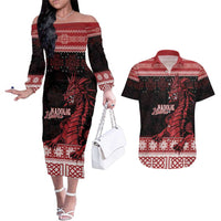 Christmas Wales Celtic Couples Matching Off The Shoulder Long Sleeve Dress and Hawaiian Shirt Welsh Dragon Nadolig Llawen - Wonder Print Shop
