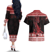 Christmas Wales Celtic Couples Matching Off The Shoulder Long Sleeve Dress and Hawaiian Shirt Welsh Dragon Nadolig Llawen - Wonder Print Shop