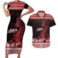 Christmas Wales Celtic Couples Matching Short Sleeve Bodycon Dress and Hawaiian Shirt Welsh Dragon Nadolig Llawen - Wonder Print Shop