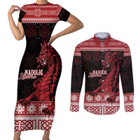 Christmas Wales Celtic Couples Matching Short Sleeve Bodycon Dress and Long Sleeve Button Shirt Welsh Dragon Nadolig Llawen - Wonder Print Shop