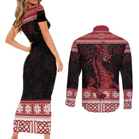 Christmas Wales Celtic Couples Matching Short Sleeve Bodycon Dress and Long Sleeve Button Shirt Welsh Dragon Nadolig Llawen - Wonder Print Shop