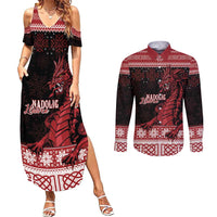 Christmas Wales Celtic Couples Matching Summer Maxi Dress and Long Sleeve Button Shirt Welsh Dragon Nadolig Llawen - Wonder Print Shop