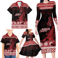Christmas Wales Celtic Family Matching Long Sleeve Bodycon Dress and Hawaiian Shirt Welsh Dragon Nadolig Llawen - Wonder Print Shop
