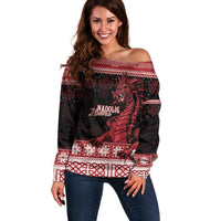 Christmas Wales Celtic Off Shoulder Sweater Welsh Dragon Nadolig Llawen - Wonder Print Shop