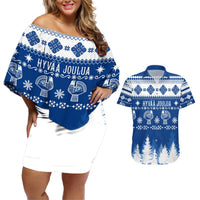 Blue off-shoulder short dress with Nordic festive print and matching Hawaiian shirt