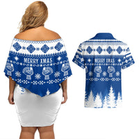 Blue off-shoulder short dress and matching Hawaiian shirt, festive Nordic print
