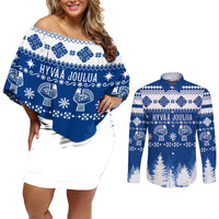 Matching off-shoulder dress and long-sleeve button shirt set, blue/white Nordic print