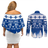 Back view matching off-shoulder dress and button shirt set, blue/white Merry Xmas print