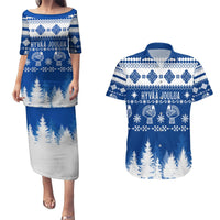 Blue matching Christmas dress and Hawaiian shirt set, dress back and shirt front, festive pattern