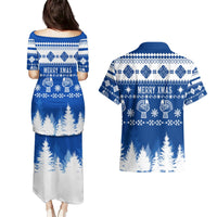 Blue matching Christmas dress and Hawaiian shirt, back view, snowflakes and tree print
