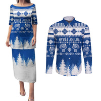 Matching off-shoulder dress and long-sleeve button shirt set, blue Nordic holiday print