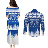 Blue Nordic holiday print dress and shirt, back view with Merry Xmas text