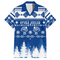 Blue & white Christmas Hawaiian shirt with "HYVAA JOULUA" text, snowflakes, mittens