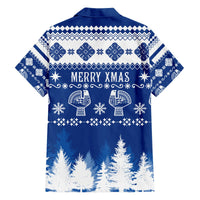 Blue & white Christmas Hawaiian shirt with "MERRY XMAS" text, snowflake and mitten pattern