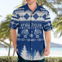 Blue short-sleeve button-up shirt with “Hyvaa Joulua” text, snowflakes, and trees
