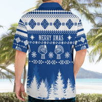 Blue short-sleeve button-up shirt, back view, with “MERRY XMAS” and snowflake designs