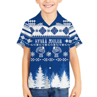 Kids blue short-sleeve button-up Hawaiian shirt with winter holiday pattern and pine trees.