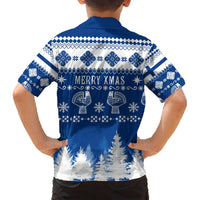 Blue & white Hawaiian shirt with back "MERRY XMAS" print and snowflake-mitten design