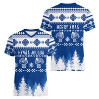 Finland Christmas Hannunvaakuna Tattoo Women V Neck T Shirt Hyvaa Joulua - Flag Color - Wonder Print Shop