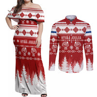Finland Christmas Hannunvaakuna Tattoo Couples Matching Off Shoulder Maxi Dress and Long Sleeve Button Shirt Hyvaa Joulua - Red LT7 - Wonder Print Shop