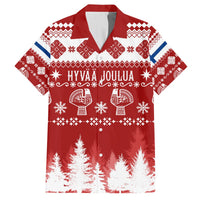 Red Christmas Hawaiian shirt with Finnish pattern, short sleeves, and Hyvää Joulua print