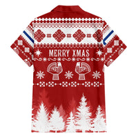 Red Christmas Hawaiian shirt, front design with "MERRY XMAS" ornaments and fir trees