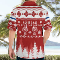 Red Christmas Hawaiian shirt, back view with 'Merry Xmas' and snowflake print