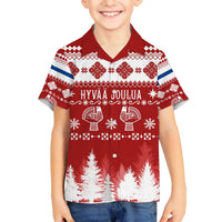 Kids red short-sleeve button-up shirt with white Christmas village and reindeer print