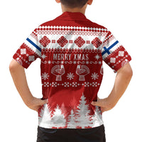 Red Christmas Hawaiian shirt with blue trim; back print and pine tree scene