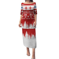 Red long dress with folk-style holiday print, short sleeves, crew neck, tree border hem