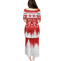 Red long dress, back view, holiday pattern with Merry Xmas text, tree print, short sleeves