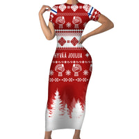 Finland Christmas Hannunvaakuna Tattoo Short Sleeve Bodycon Dress Hyvaa Joulua - Red - Wonder Print Shop