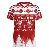 Finland Christmas Hannunvaakuna Tattoo Women V Neck T Shirt Hyvaa Joulua - Red - Wonder Print Shop