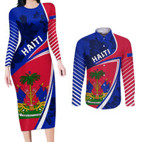 Personalised Haiti Independence Anniversary Couples Matching Long Sleeve Bodycon Dress and Long Sleeve Button Shirt Mix Hibiscus - Flag Color LT7 - Wonder Print Shop