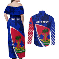 Personalised Haiti Independence Anniversary Couples Matching Off Shoulder Maxi Dress and Long Sleeve Button Shirt Mix Hibiscus - Flag Color LT7 - Wonder Print Shop
