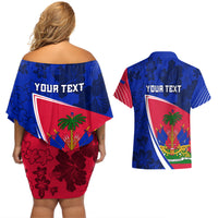 Personalised Haiti Independence Anniversary Couples Matching Off Shoulder Short Dress and Hawaiian Shirt Mix Hibiscus - Flag Color LT7 - Wonder Print Shop