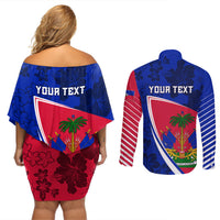 Personalised Haiti Independence Anniversary Couples Matching Off Shoulder Short Dress and Long Sleeve Button Shirt Mix Hibiscus - Flag Color LT7 - Wonder Print Shop